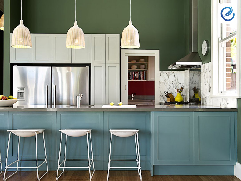 Kitchen area in light blue and sage green color